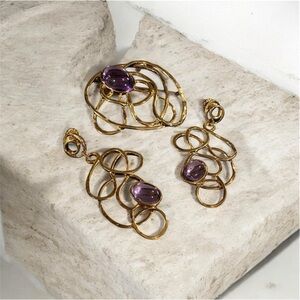 Vintage 90s Avon Faux Amethyst Gold Tone Brooch & Earrings Set Bold Statement